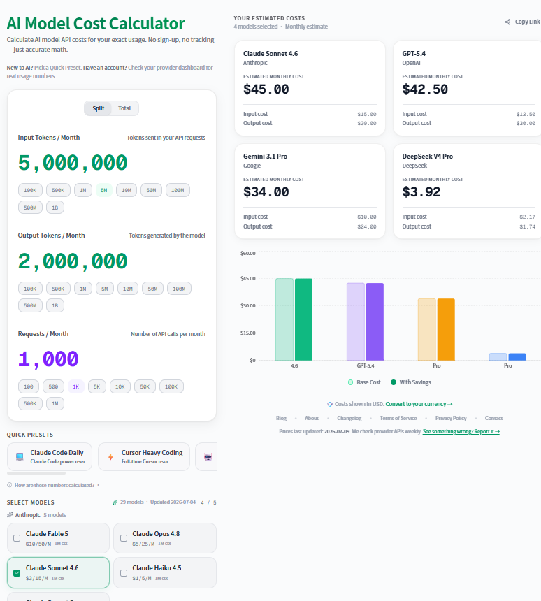 AI Model Cost Calculator screenshot